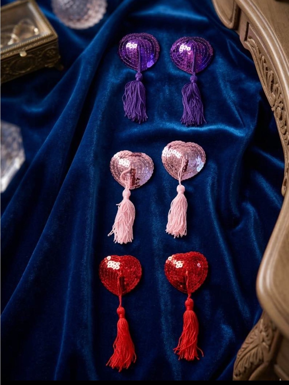 New Heart Sequin Nipple Pasties with Tassels (set of 3) - Red, Pink, Purple